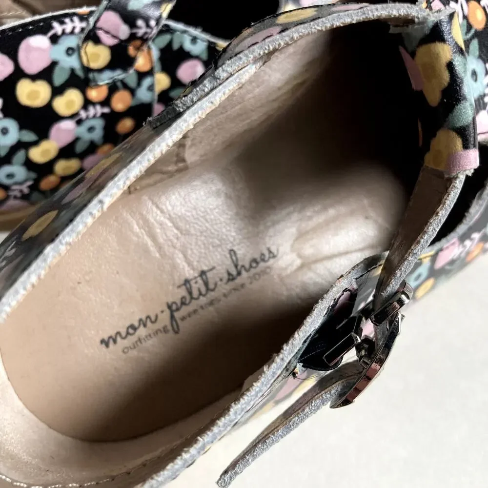 Mon Petit Shoes Hard Sole T-Strap Shoes - Marigold Floral - 12